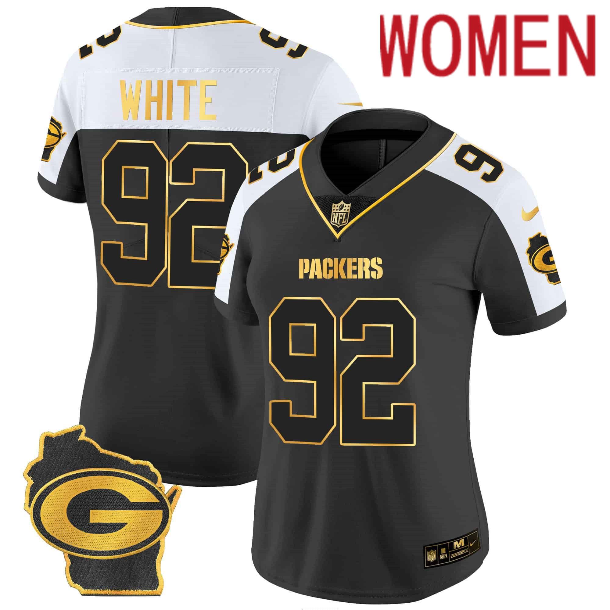 Women Green Bay Packers #92 White Black Gold 2024 Nike Home Patch Vapor NFL Jersey->customized nfl jersey->Custom Jersey